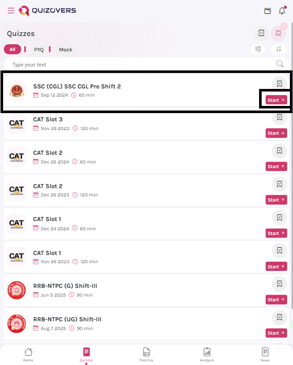 Select a Quiz and Tap Start